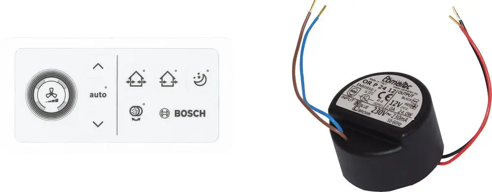 Lüftungsregler mit Steuerelementen und Bosch-Logo auf der linken Seite, daneben ein Unterputznetzteil mit Anschlussdrähten.